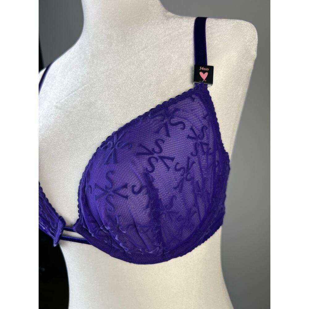 Victoria's Secret Low Cut Demi Bra Nwt Very Sexy Purple Mesh Velvet VS Logo 34DD - Picture 9 of 9